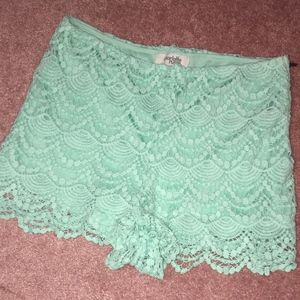 High waisted mint green lace shorts